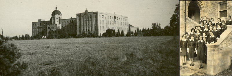 Black and white image of Motherhouse and students on the steps (to the right)