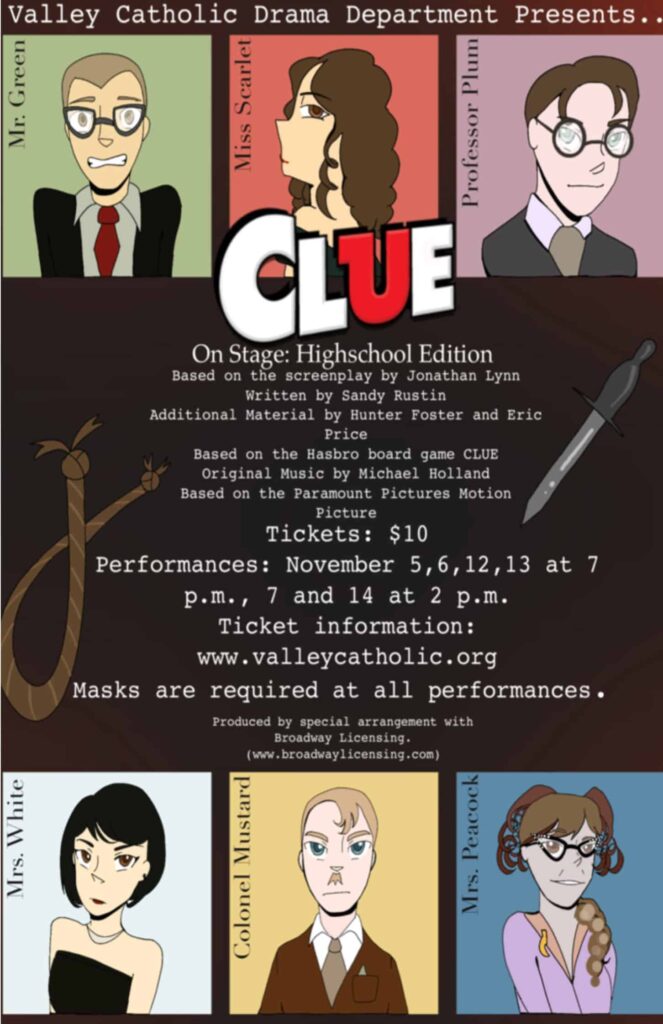 Clue poster. Animated with pictures of the characters