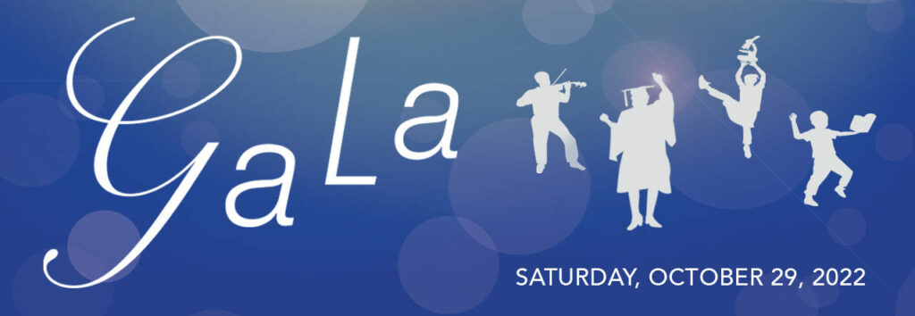 "Gala" on blue background; whites images of students