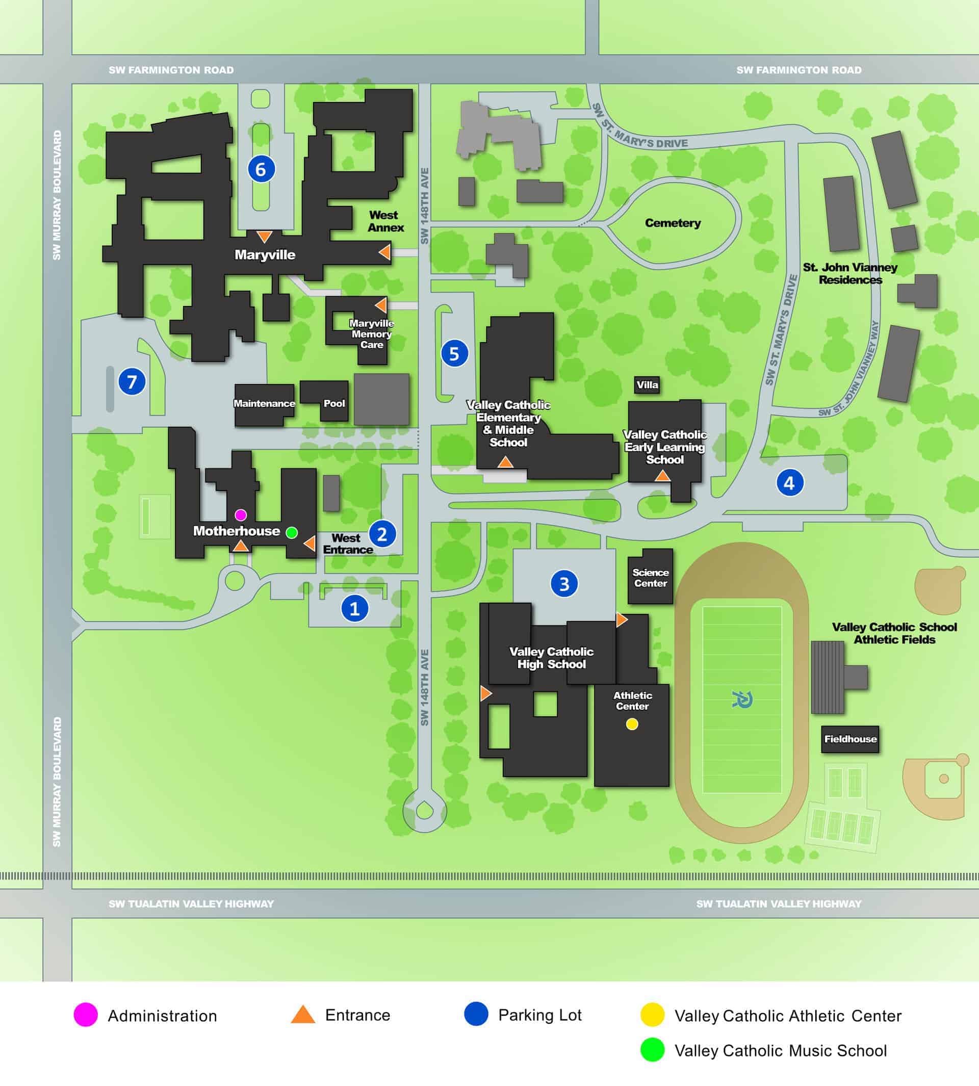 SSMO campus map view: Parking lot, administration, various other buildings