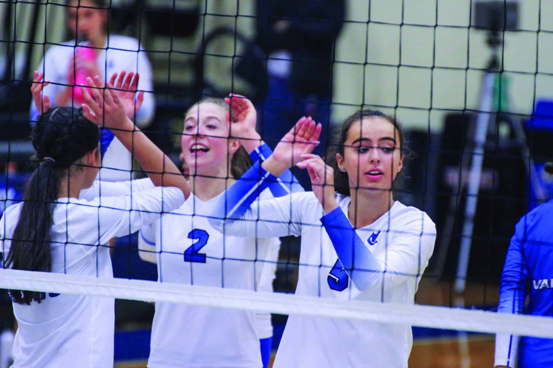 Volleyball team high fives at the net