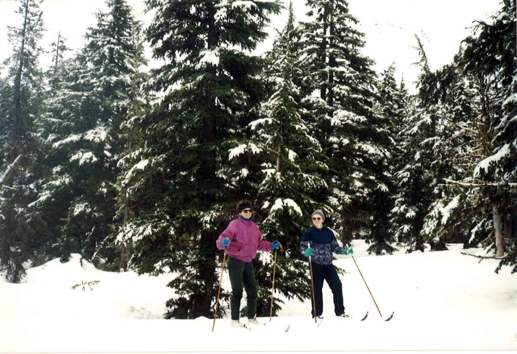 Srs. Barbara Rose and Michael Francine cross-country skiing