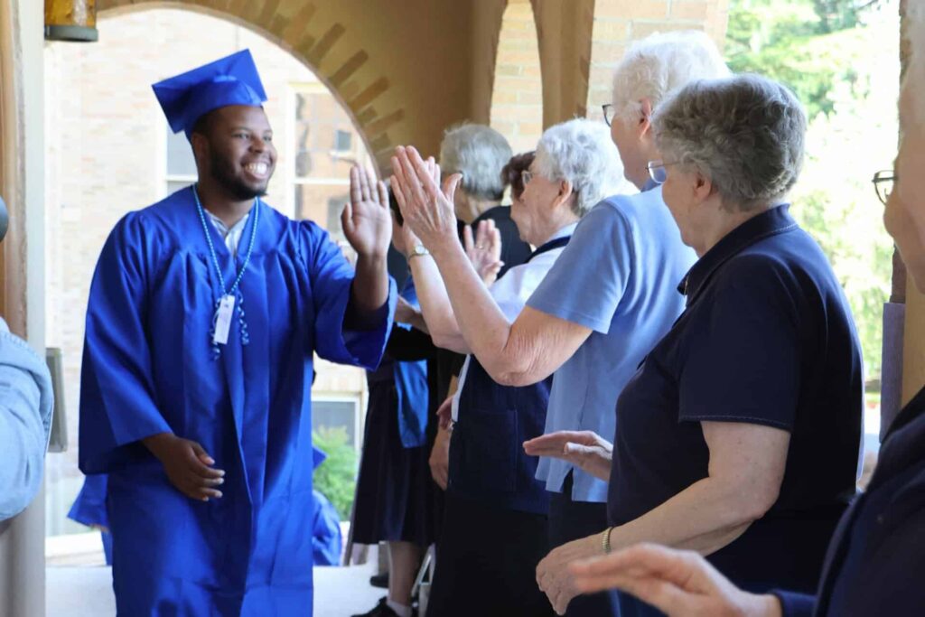 Senior walk high five