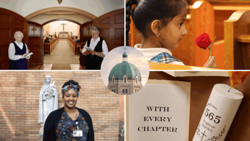 Smart giving collage of Sisters greeting at chapel, student with rose, Ireene and dome