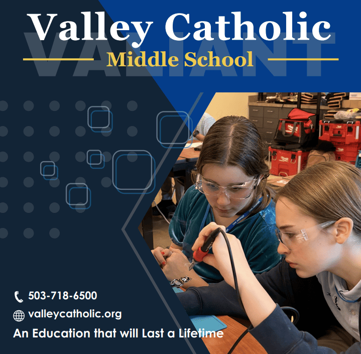 VCMS brochure with photo of girls soldering