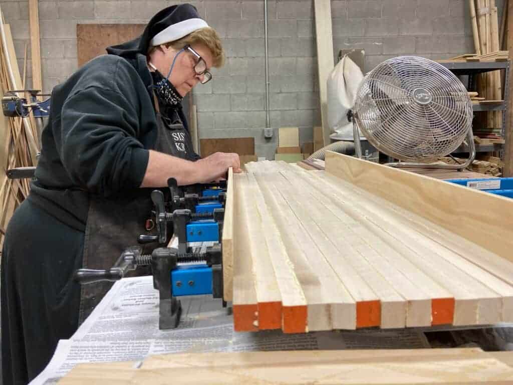 Sr. Krista working in the wood shop