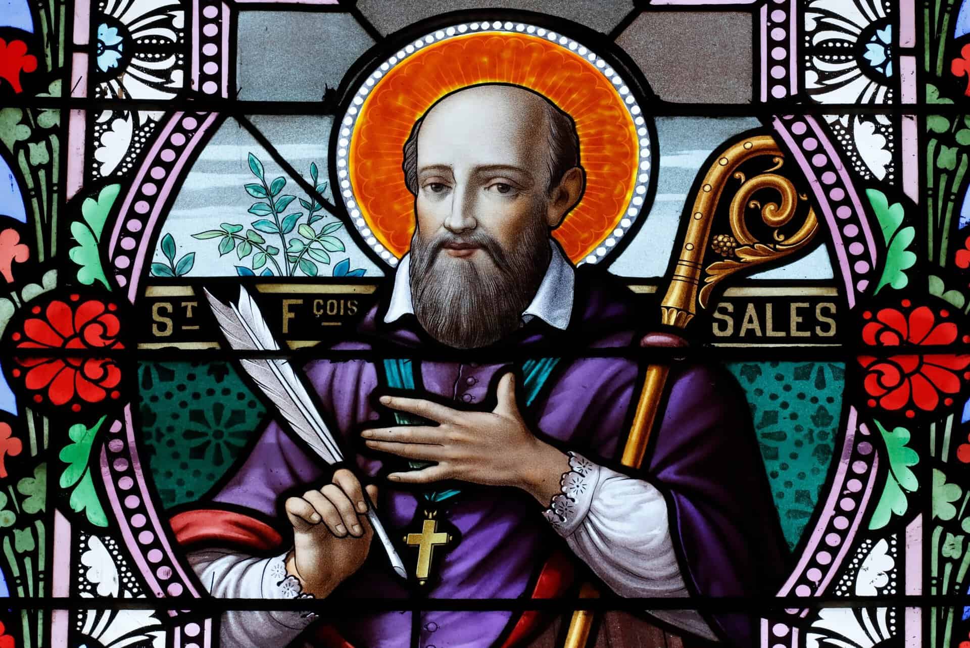 Stained glass window of St. Frances de Salas in Combloux, France.