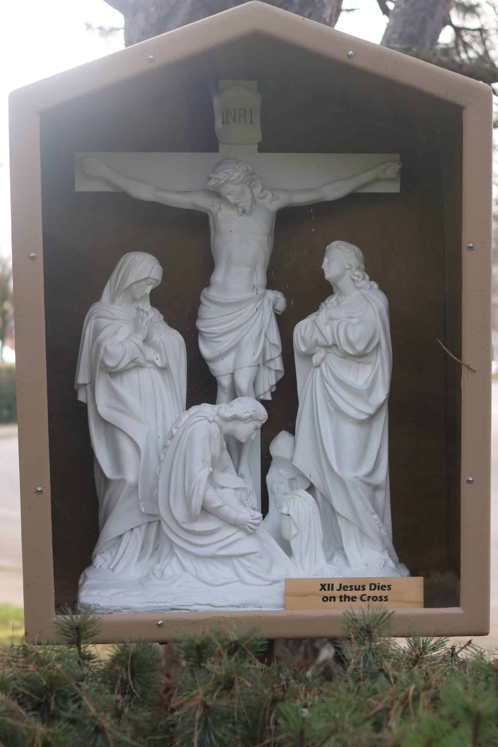 The refurbished stations of the cross - sculpture of Jesus dies on the cross