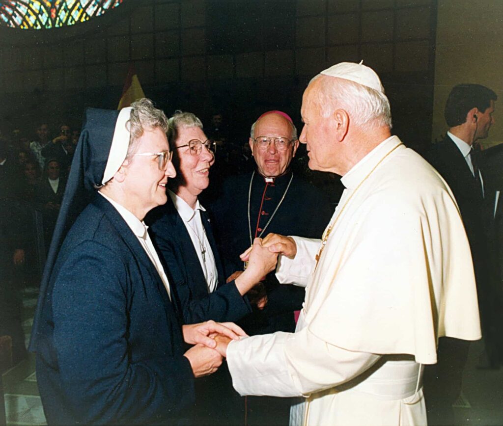 Left to right - Sr. Elizabeth Sohler, Sr. Frances Zenner and Bishop Thomas Connolly with Pope John Paul II at the Vatican in 1991.