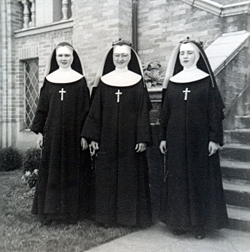 Sr. Elizabeth (center) takes first vows. She is joined by Sr. Angeline Sohler (left) and Sr. Vivian. (1952)