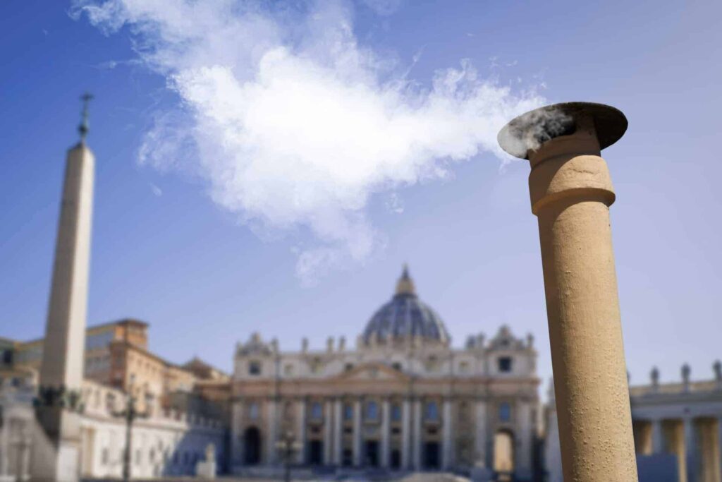 Vatican,city, ,04 25 2025:,white,smoke,from,the,chimney,on