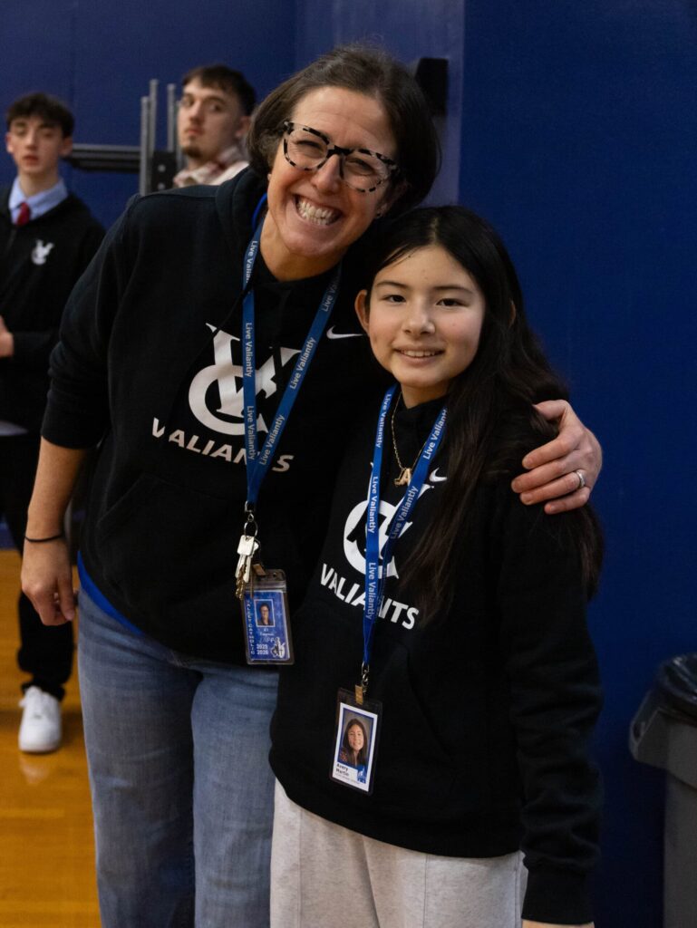 Athletic Director K.T. and 5th grader Director for a Day Avery M, all smiles