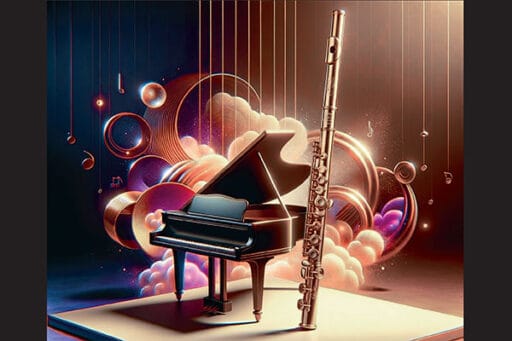 Flute night poster - colorful images of a large flute and a piano on a stage with musical notes and strings in the background.