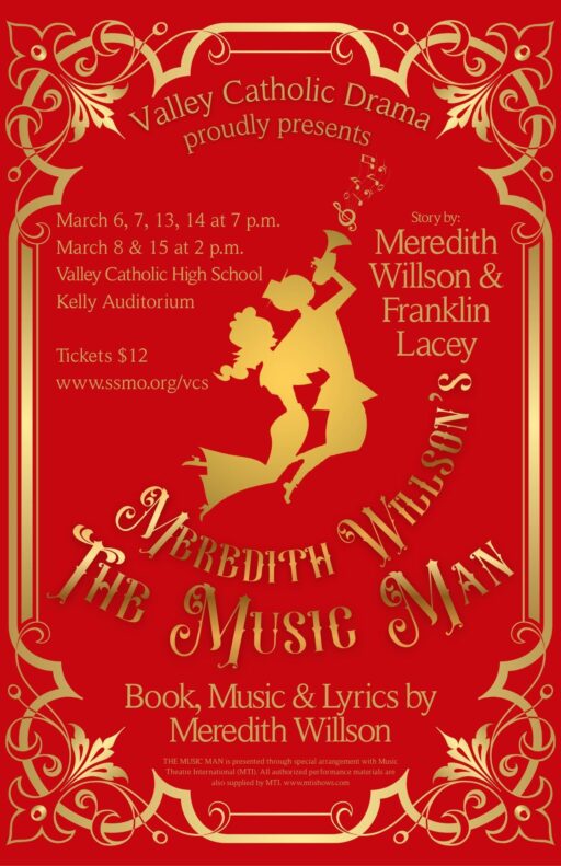The Music Man poster has red background and gold letters. It features silhouettes of a man and woman in the center. The man is playing a trumpet.