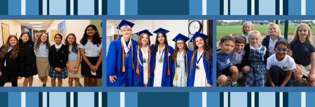 Weston banner blue plaid background with three photos of students