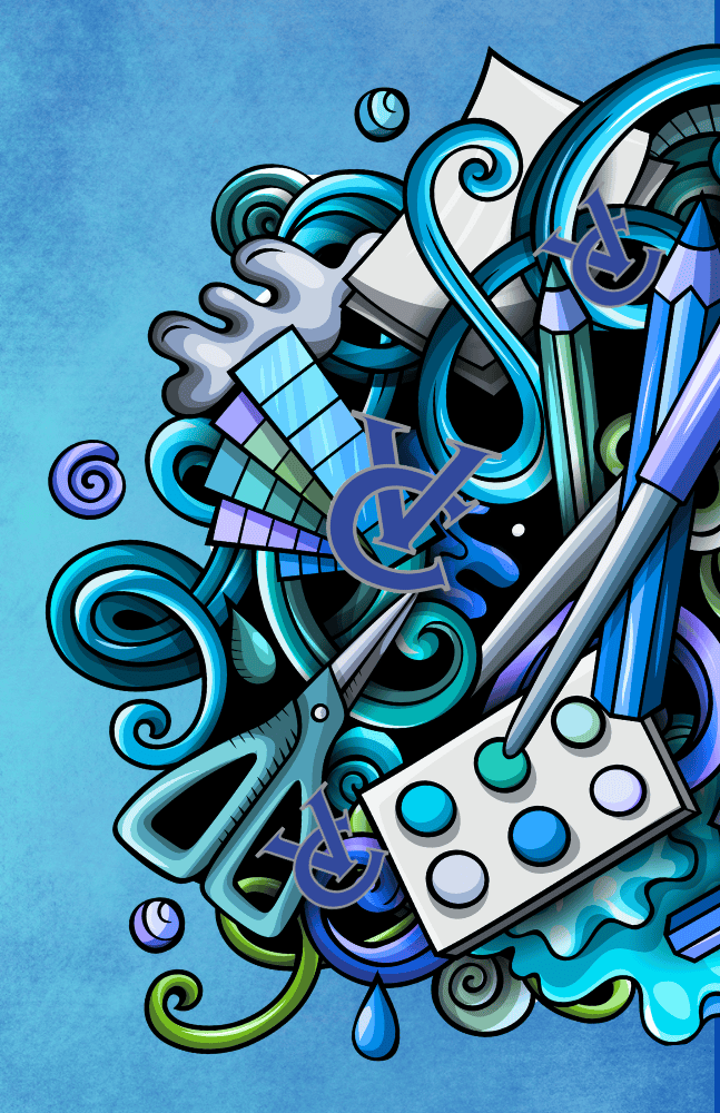 Poster with different shades of blue and images of color swatches, scissors, paints and teh VC logo