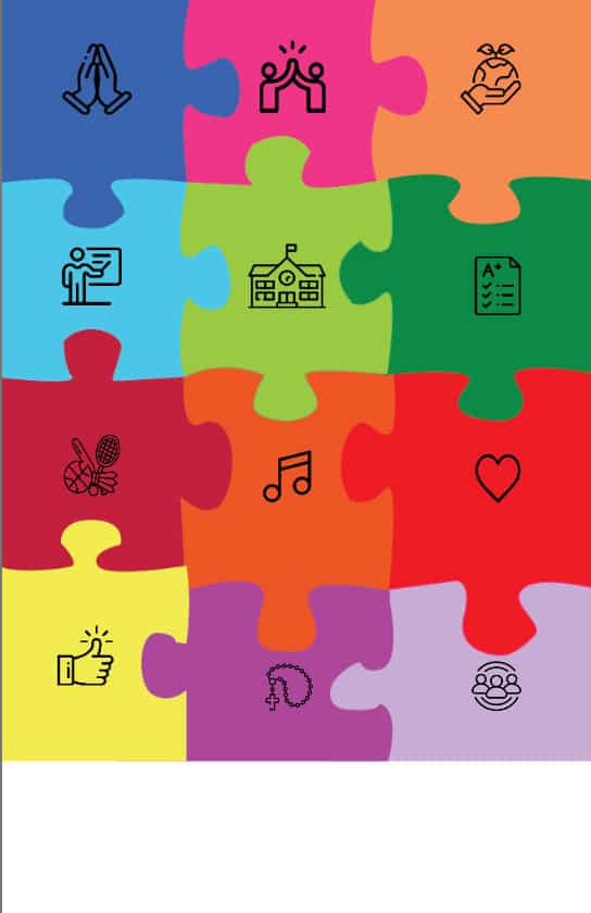 Gala Poster of puzzle pieces with various images related to the school connected together