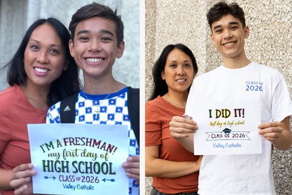 Elijah Schaal with his mom in Freshman to Senior photo