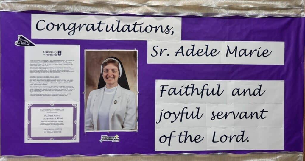 Bulletin board cngratulating sister adele marie