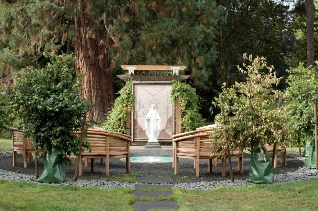 Marian Garden VCESMS; overview of statue and benches to enjoy the garden